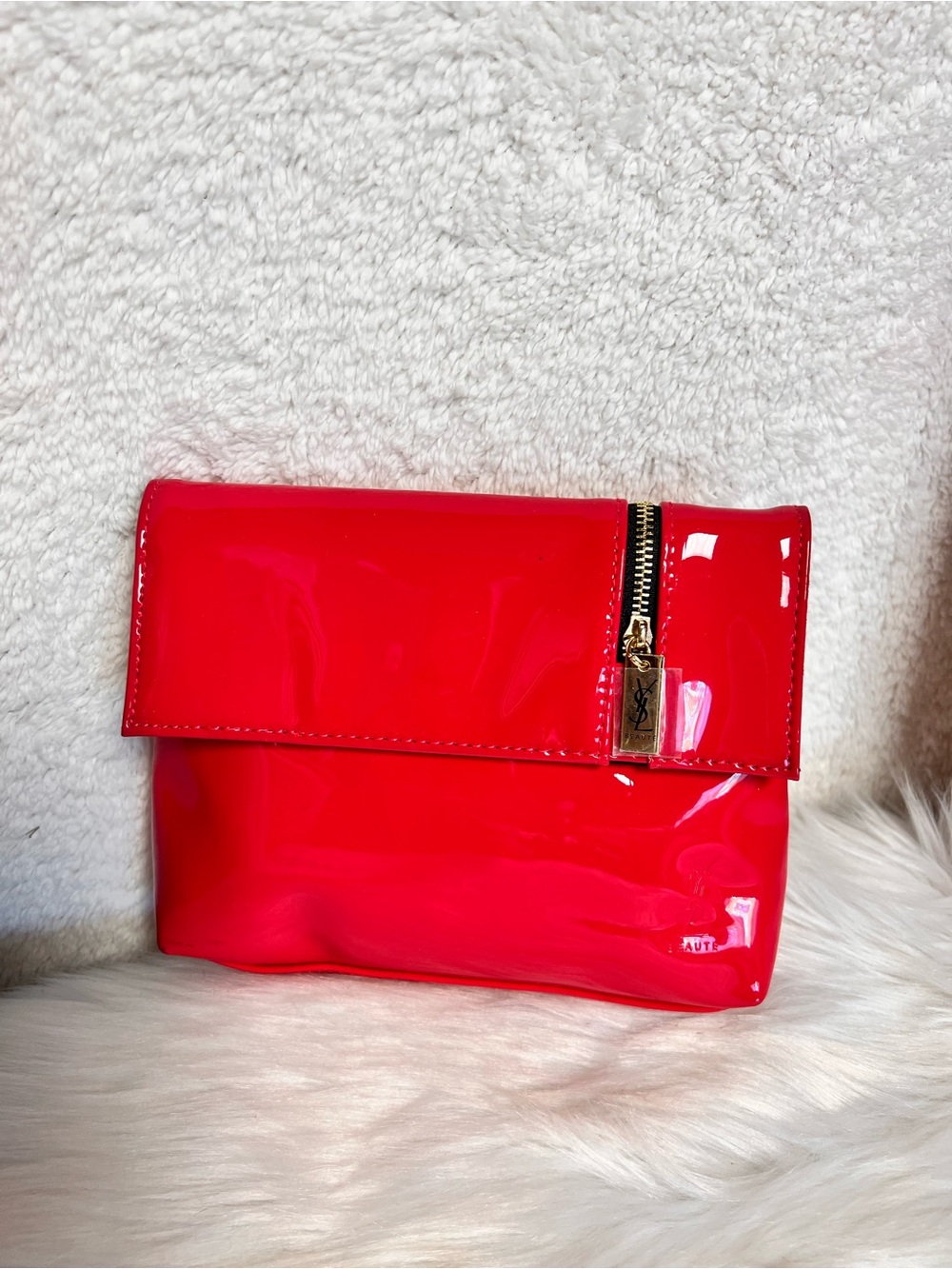 Yves Saint Laurent Glossy Red Patent Leather Clutch with Gold Zipper